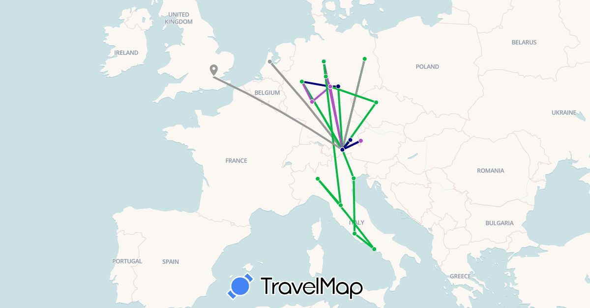 TravelMap itinerary: driving, bus, plane, train in Austria, Czech Republic, Germany, United Kingdom, Italy, Netherlands (Europe)